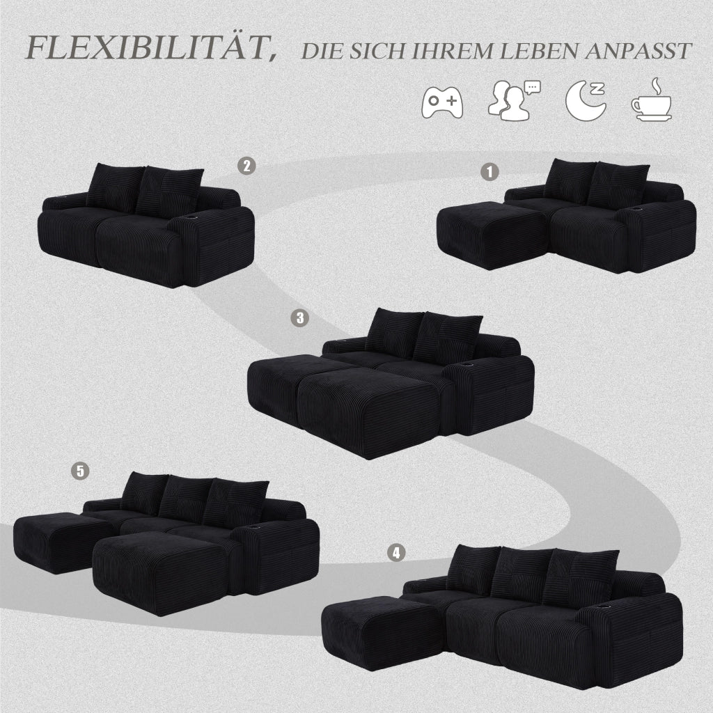 Divano modulare a 3 posti con portabicchieri e tasca laterale in tessuto effetto corduroy nero 268 × 174 × 66 cm