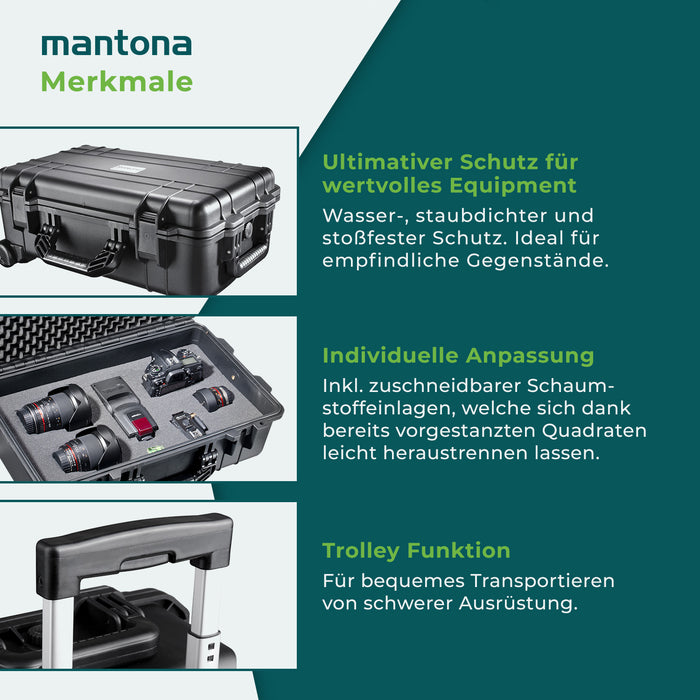 Mantona Outdoor Trolley fotografico nero, impermeabile, antiurto, antipolvere e impilabile, Valigia rigida imbottita in schiuma, per attrezzature fotografi e oggetti di valore