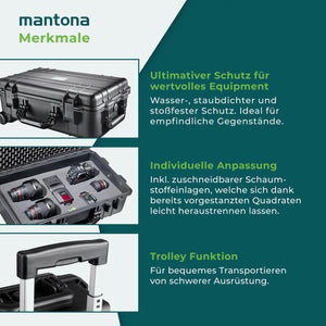 Mantona Outdoor Trolley fotografico nero, impermeabile, antiurto, antipolvere e impilabile, Valigia rigida imbottita in schiuma, per attrezzature fotografi e oggetti di valore