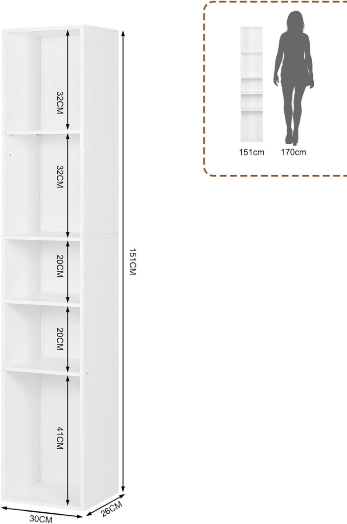 Libreria a 5 Scomparti Aperti, Libreria Verticale a Colonna, Scaffale Angolare Autoportante, per Soggiorno, Ufficio e Studio, in Truciolare, Bianco, 30x26x151cm, SK034ws