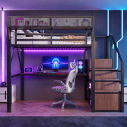 Letto a soppalco in metallo 140x200 cm con scrivania, LED e ripiani regolabili
