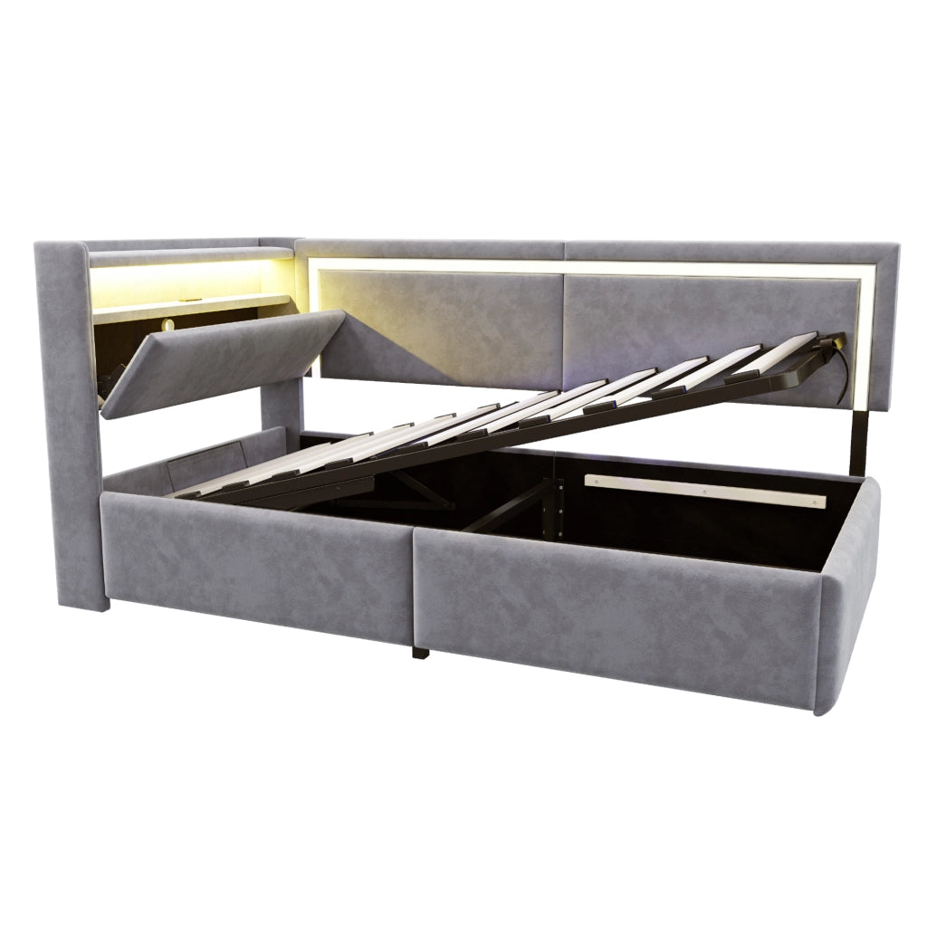 Divano letto imbottito con contenitore sotto il letto, LED e porte USB in velluto grigio chiaro 90 × 200 cm