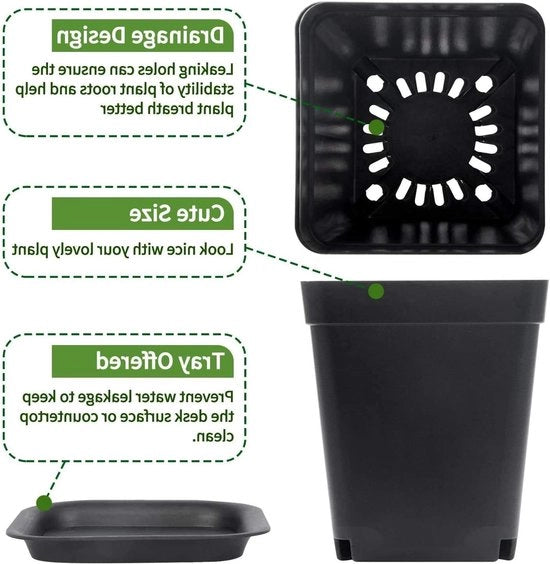 Pacchetto di 24 contenitori per piante quadrati in plastica 7cm spessi contenitori per fiori per succulente contenitori per orto con pallet/tray per piccole piante in vaso (nero)
