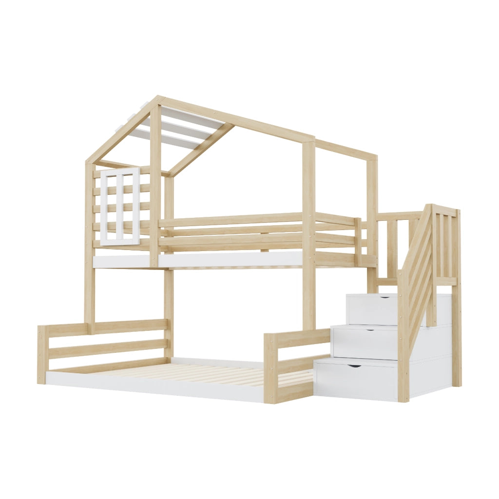 LETTO A CASTELLO 90x200 cm in pino e MDF naturale con scala contenitore