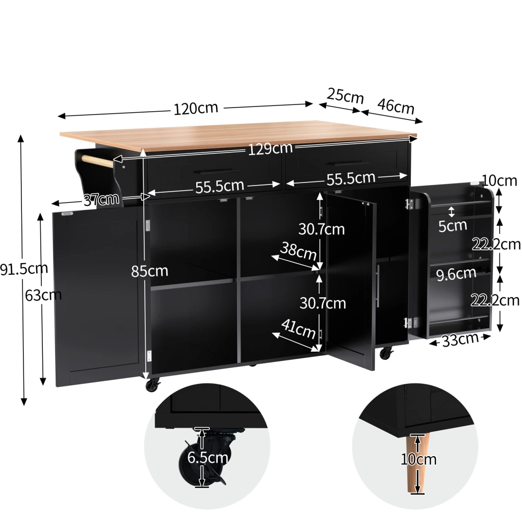 Isola da Cucina Mobile 129x46/71x91,5 cm Nera e Legno con Piano Ribaltabile, 2 Cassetti e 5 Ruote