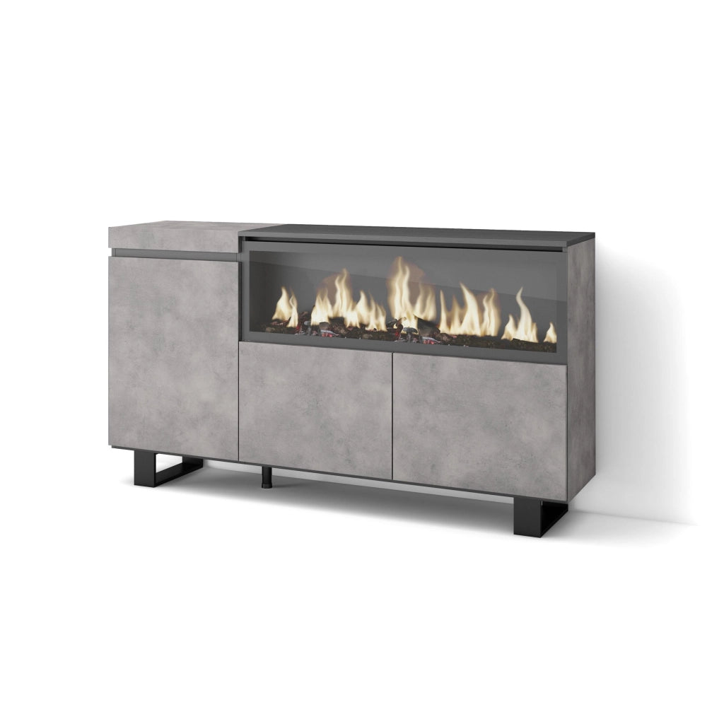 Credenza, Mobile, 158x35x87cm, 3 Porte, Camino elettrico XXL, Design industriale, grigio cemento RF3289