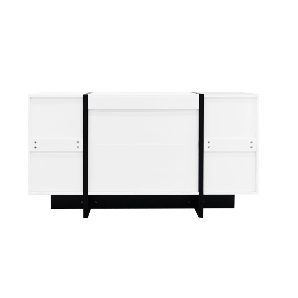 Credenza moderna lucida bianca e nera con 2 ante e 4 cassetti, ampio spazio contenitore, 150 × 40 × 80,5 cm