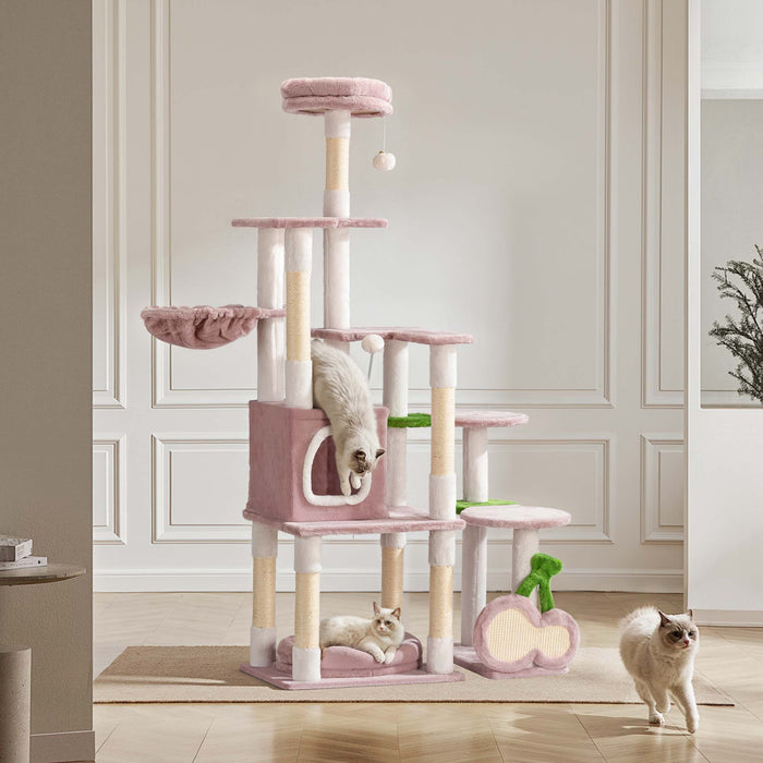 Fudajo Albero tiragraffi Ciliegia 162cm Rosa Con sisal, casetta per gatti e cucce