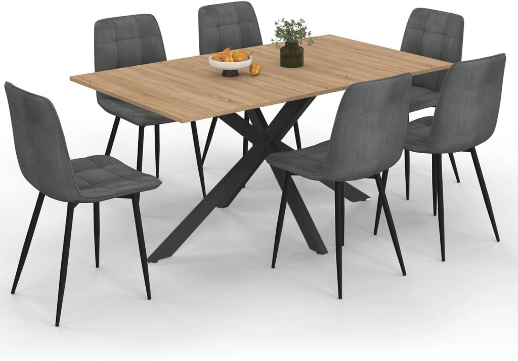 Tavolo da Pranzo Rettangolare Alix 160 cm in Legno e Nero con 6 sedie Mila in Velluto Grigio Scuro