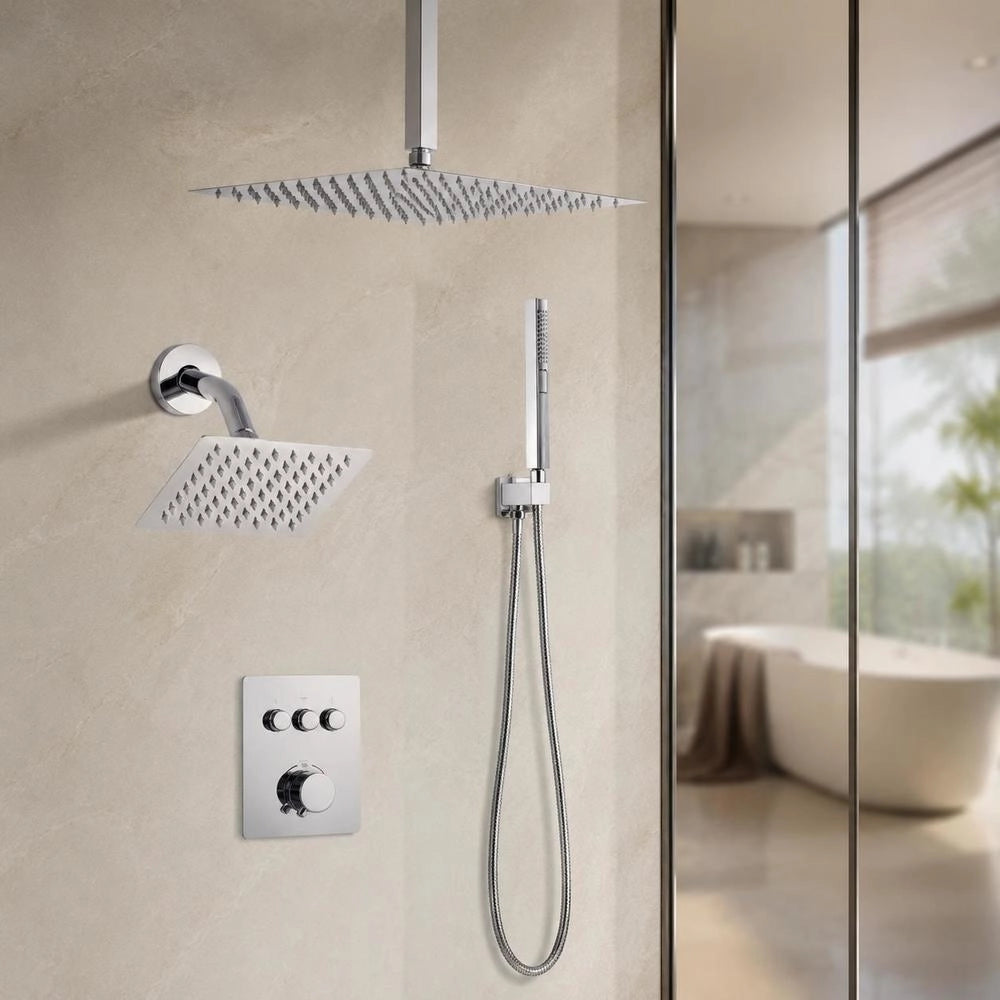 Shower System Set With 12-inch Rain Shower System / 6-inch Wall-mounted Head / 2-in-1 Hand Shower, Rotating Double Rain Head (3 Functions), Brass Valve And Cover Set, Chrome Thermostatic