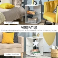 Comodino Moderno a 3 Livelli con Ripiano Regolabile, in Truciolato e Vetro Temperato, 40x40x56 cm, Bianco