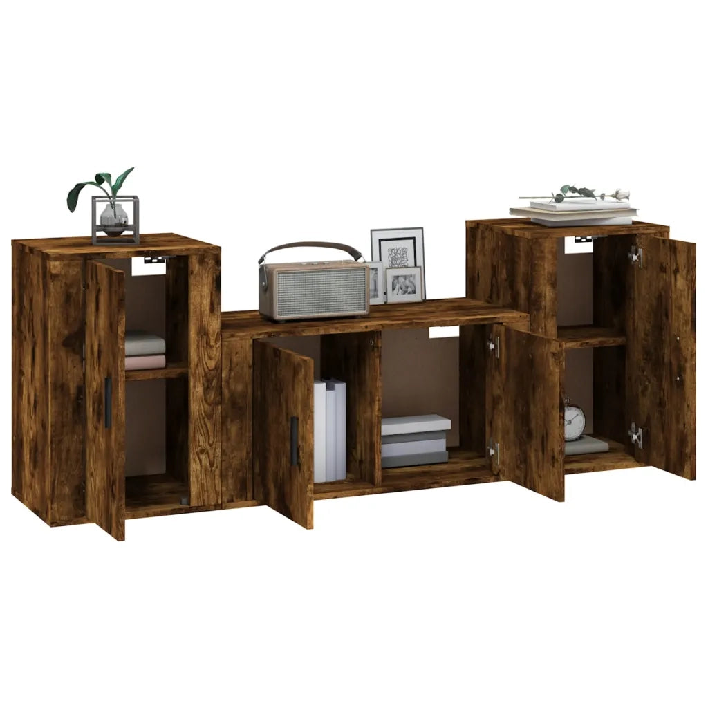 Set Mobili Porta TV 3 pz-Set di 3 Credenza per TV Rovere Fumo in Legno Multistrato 543234