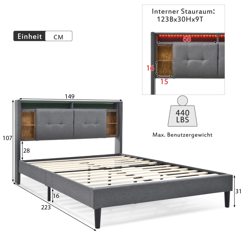 Letto matrimoniale 140x200 cm grigio con testiera contenitore; LED; prese USB e materasso