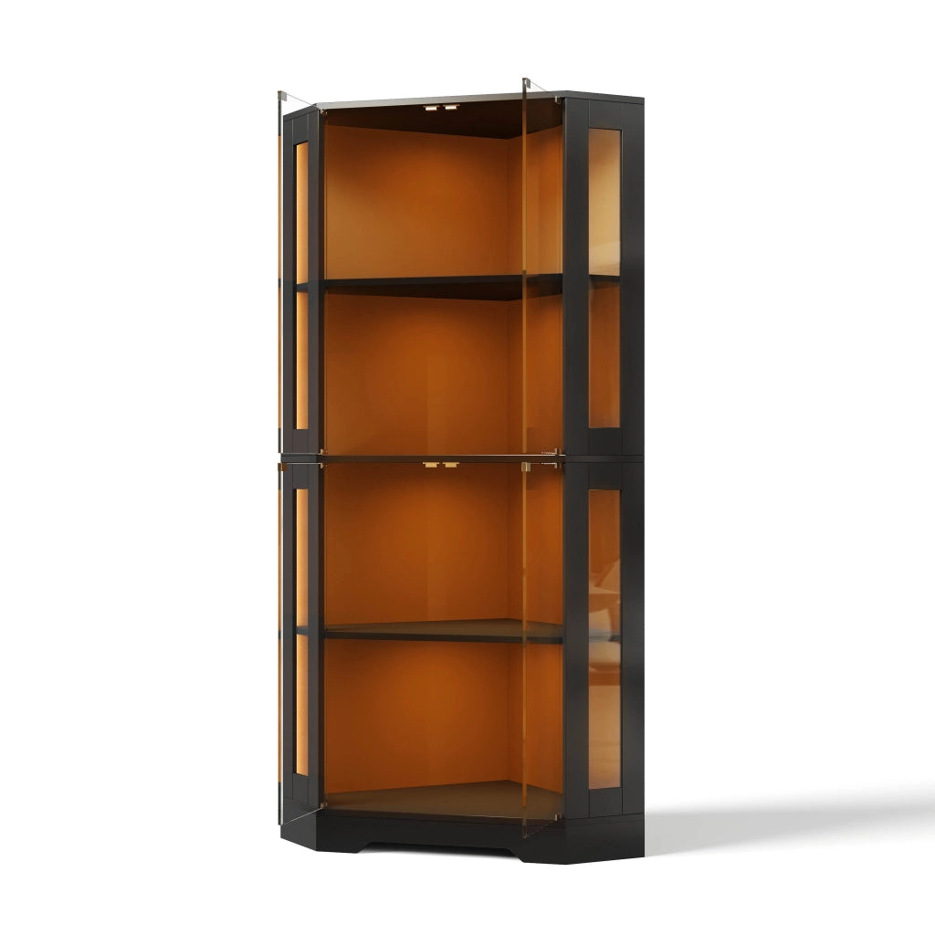 Vetrina angolare in vetro con LED RGB 40x40x165 cm nera, mobile cucina con 4 ante e ripiani regolabili