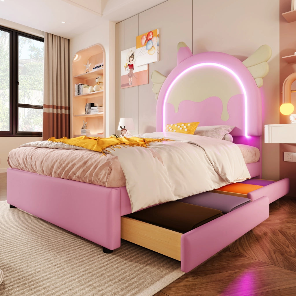 Letto Singolo per Bambini 90 x 200 cm con 2 Cassetti e Barra Luminosa; Forma Unicorno; senza Materasso; PU; Rosa