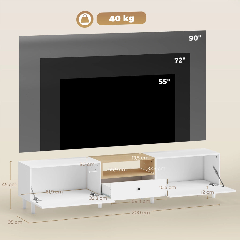 Mobile TV con 2 ante, cassetto e ripiano aperto ¨C zephmum ¨C Bianco 200x90x40 cm