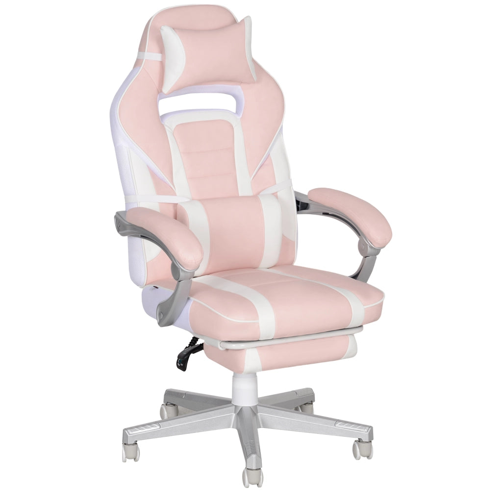 Sedia da gaming girevole con poggiapiedi e schienale reclinabile con cuscini lombare e cervicale in similpelle rosa