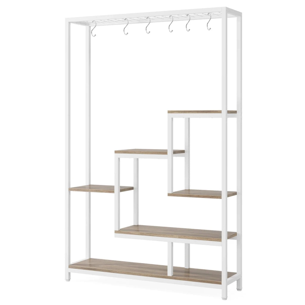 Piantana portavasi a 7 ripiani in metallo e legno, beige e bianco