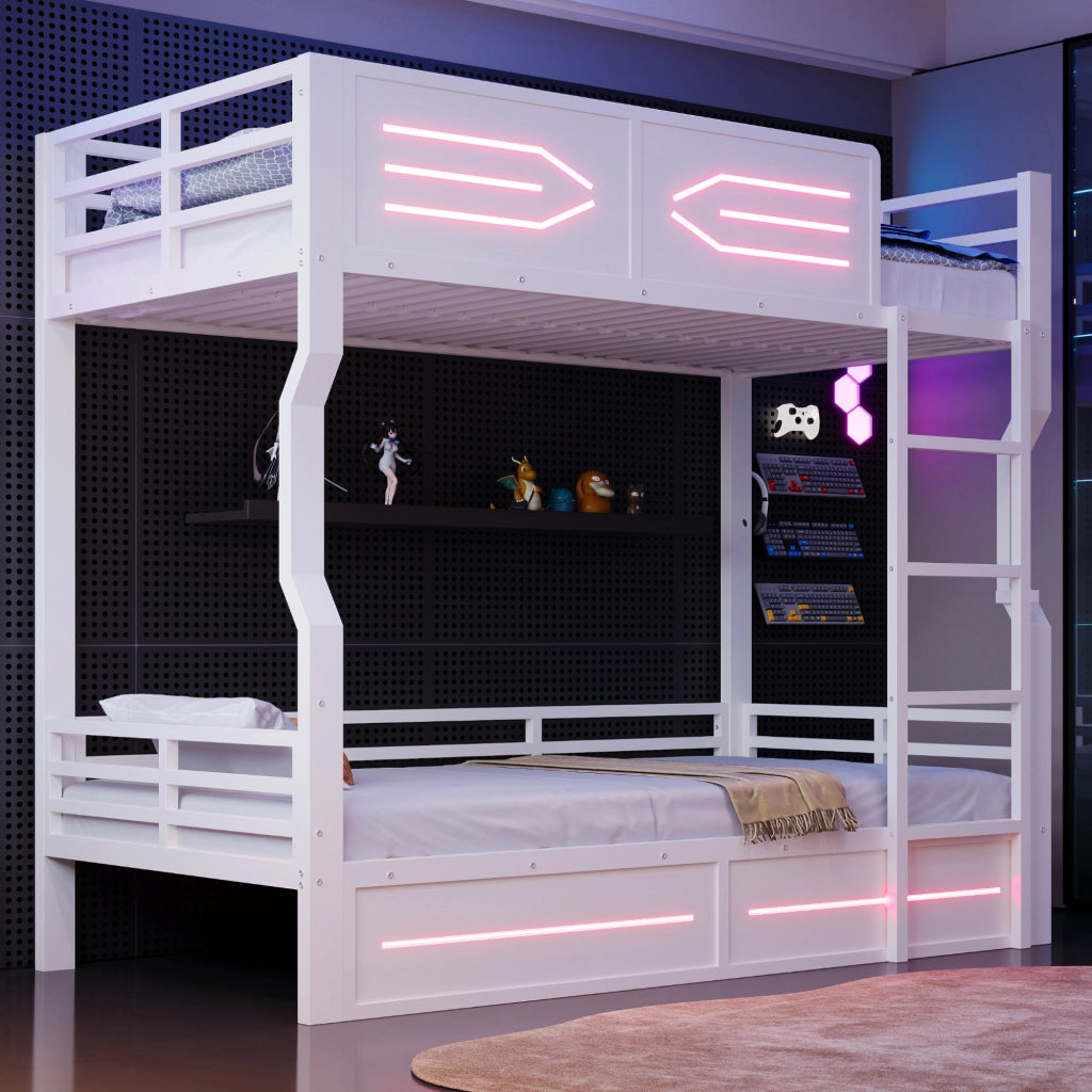 Letto a castello per bambini 90x200 cm con striscia LED; linee moderne e parapetti alti; metallo bianco