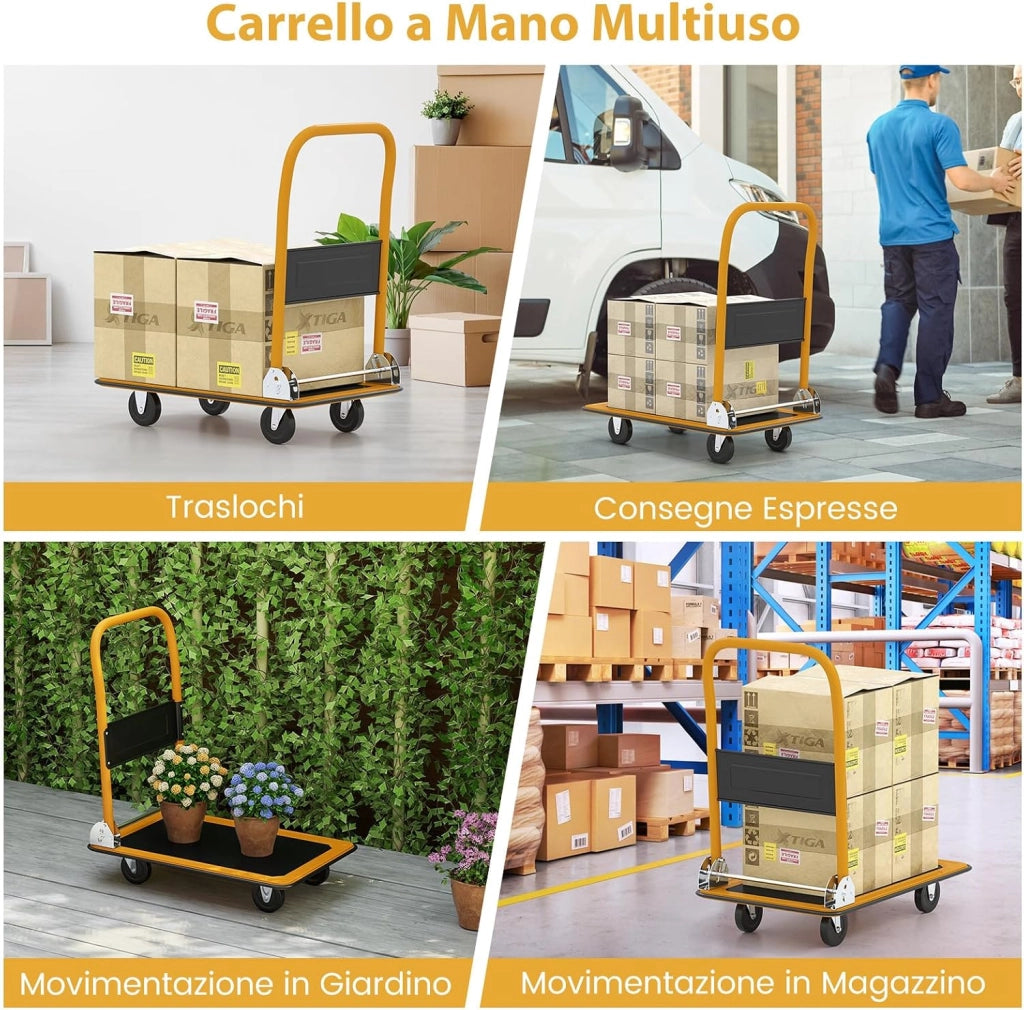 Carrello Pieghevole per Trasporto, Carrello Pieghevole con Piattaforma con Ruote Girevoli a 360°, Capacità di Peso 150 kg, per Garage, Magazzino (Giallo + Nero)
