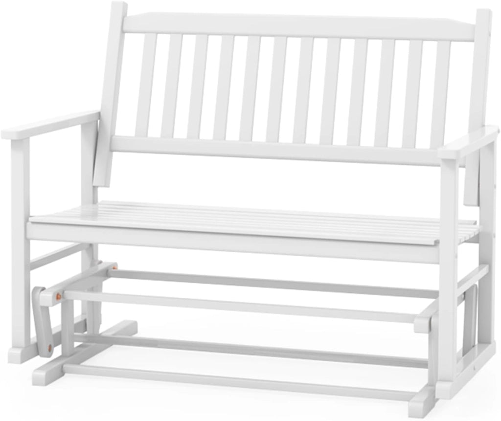 Sedia a Dondolo 2 Posti da Balcone, Panchina a Dondolo da Giradino in Legno Massello, Sedia Dondolo Ergonomica Esterno Portato 225kg con Schienale Curvo e Braccioli, 126x68x100cm, Bianco