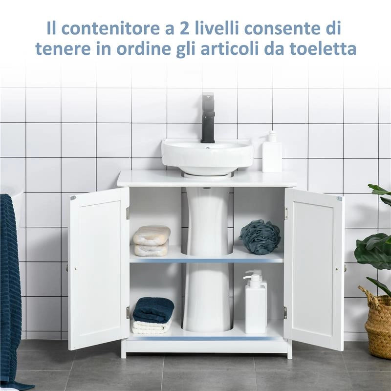 MOBILE SOTTOLAVABO A 2 ANTE CON RIPIANO REGOLABILE E INTAGLIO A U, 60X30X60 CM, BIANCO