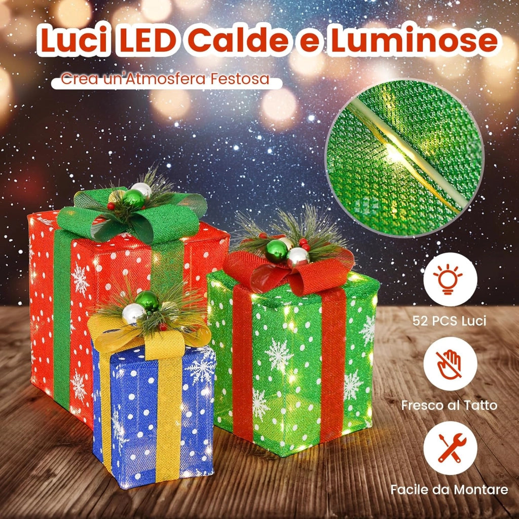 Decorazioni Scatola Regalo di Natale, Set di Scatole Regalo Illuminate, Decorazione Natalizia per Interni ed Esterni con 52 Luci LED per Esterno (Rosso+Verde+Blu)