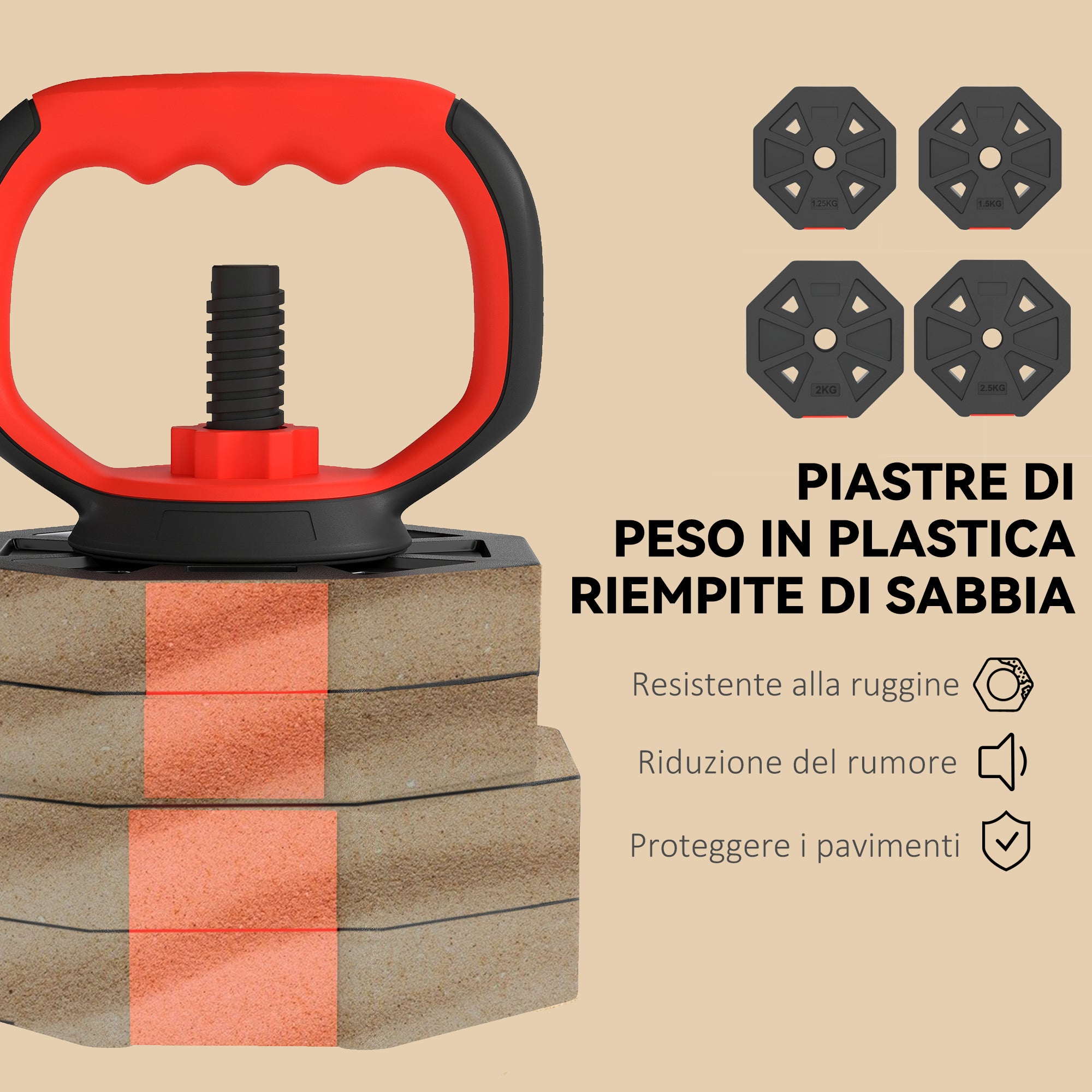 Set Pesi Palestra 4 in 1 30kg Manubri Bilanciere Kettlebell Rosso