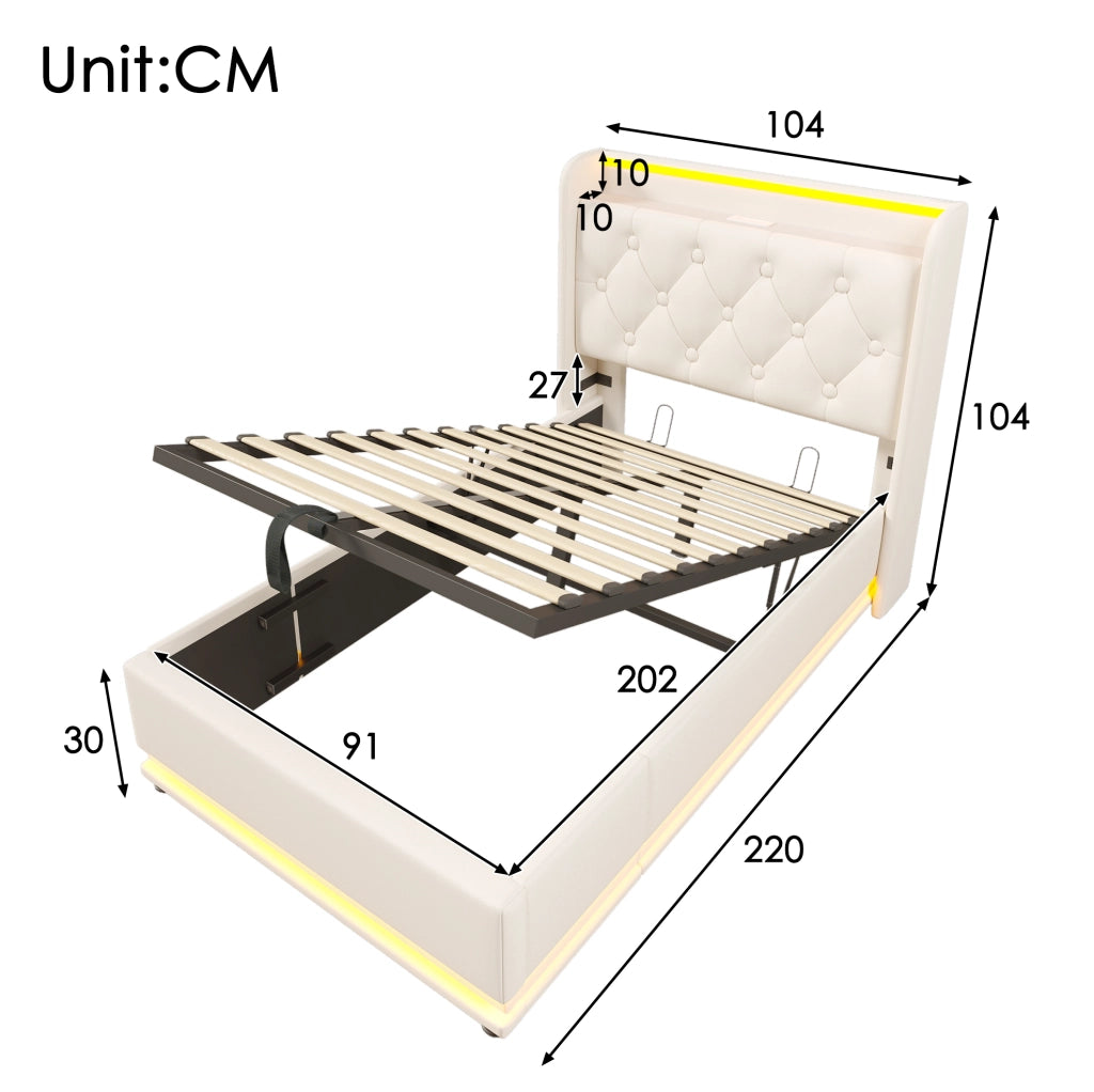 Letto singolo 90x200 cm in PU bianco con LED; USB e Type-C; contenitore idraulico