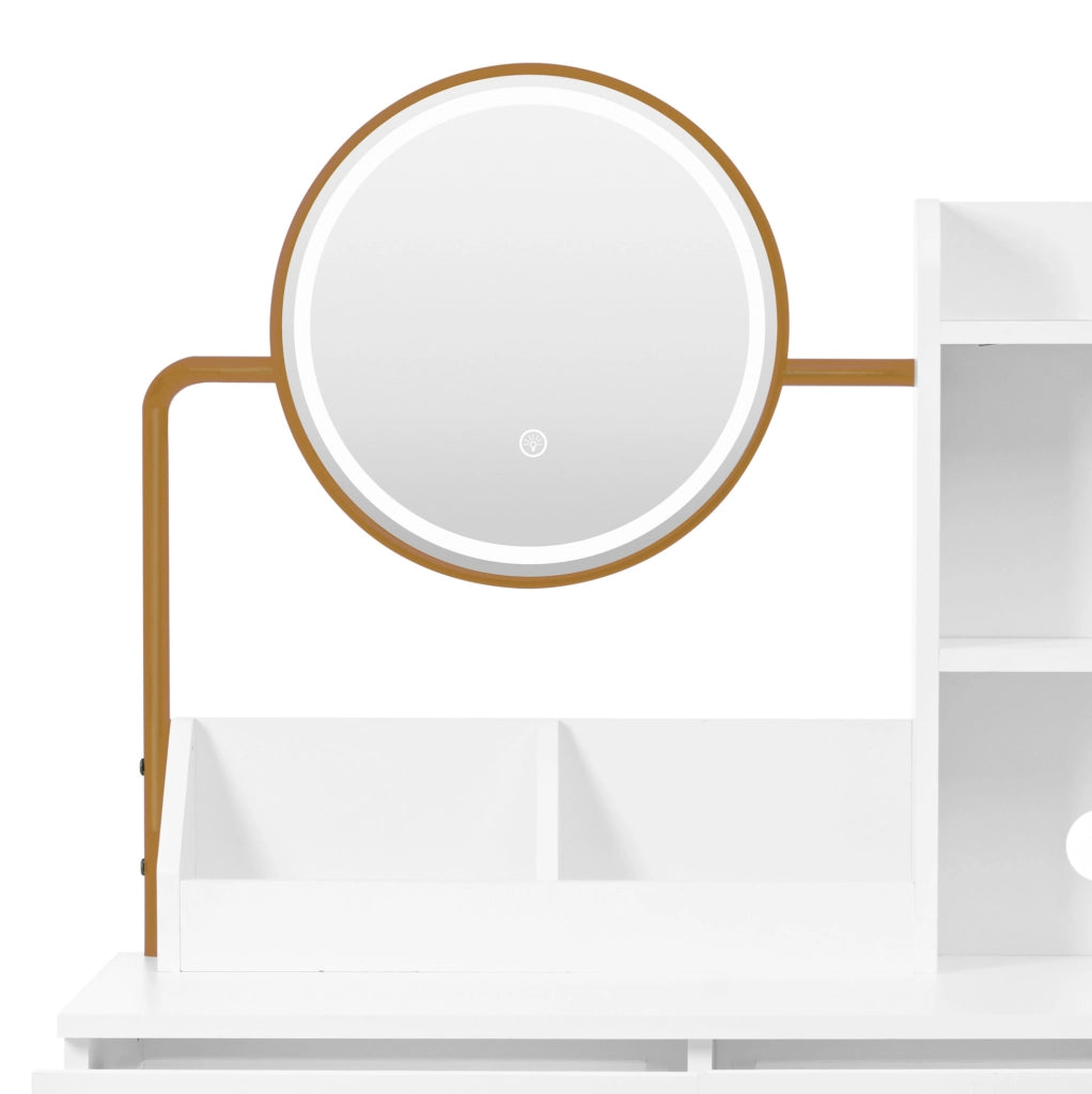 Toeletta con specchio LED; prese e USB; portaphon; 80 x 40 x 138;5 cm; bianco e oro