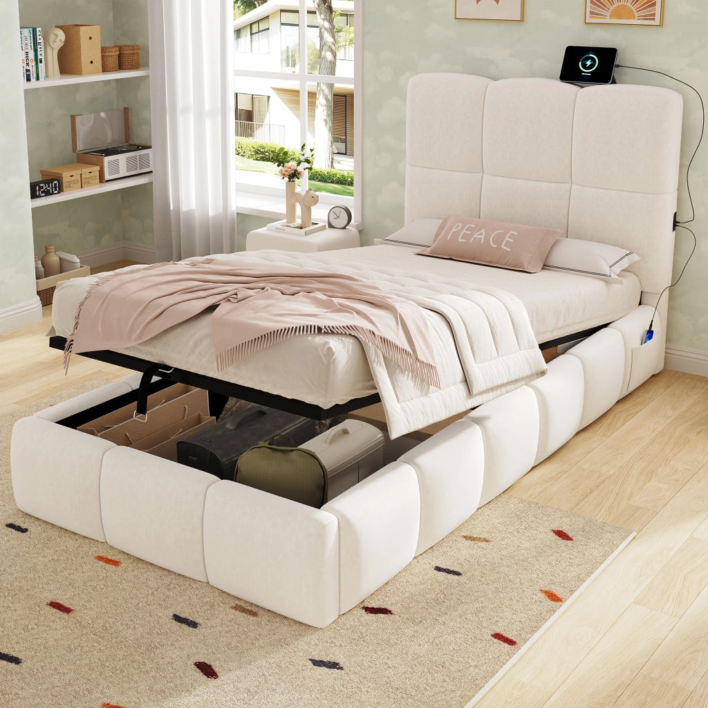 DESMIU Letto bambino 90 × 200 cm con contenitore idraulico, USB-C e velluto, senza materasso, beige