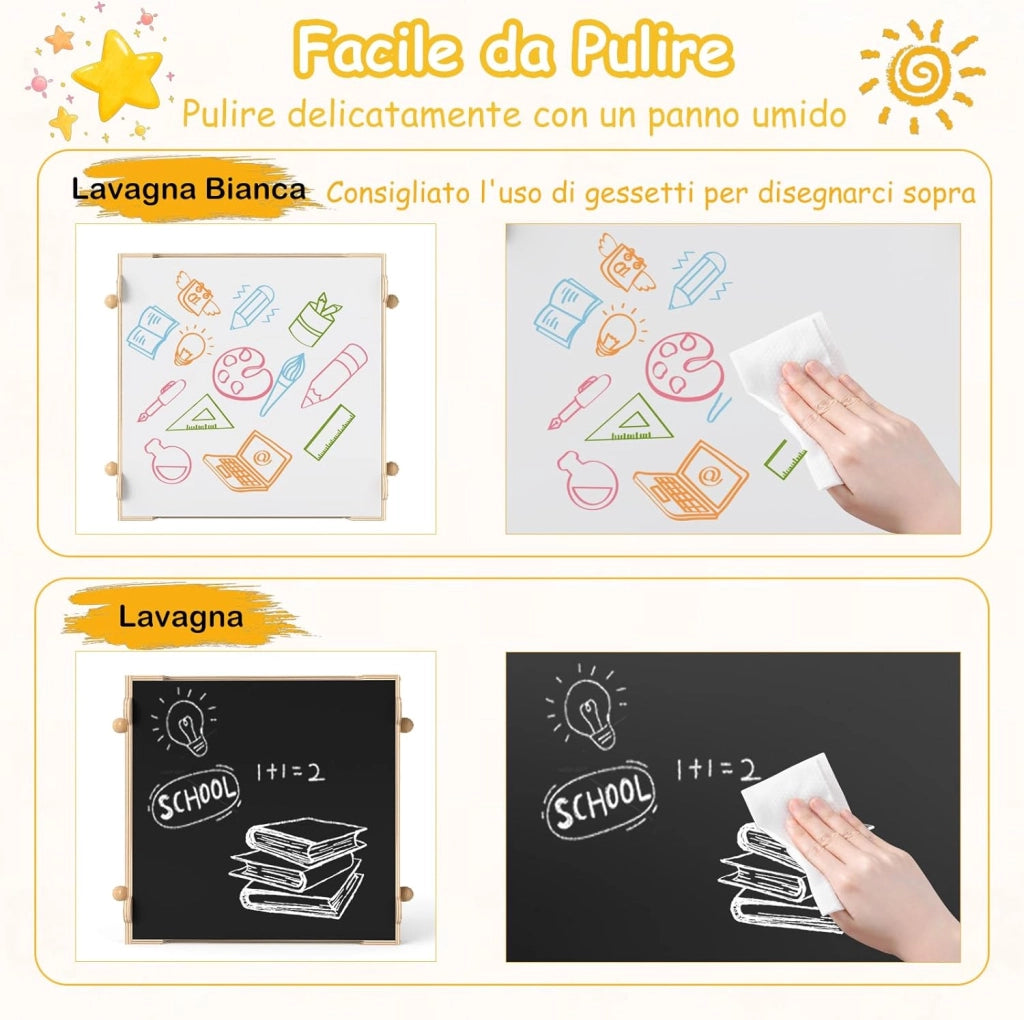 4 in 1 Set Tavolo e Sedie per Bambini 3+ Anni, Tavolo in Legno con Lavagna Reversibile Bianca e Nera, Sedie Ergonomiche con 2 Cassetti Portaoggetti, Ideale per Arti, Mestieri e Giochi (Robot)