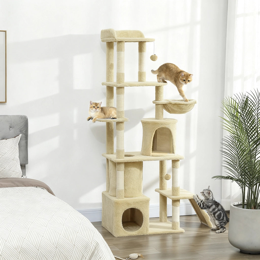 Albero tiragraffi per gatti con piattaforme, tunnel e amaca ¨C zephmum ¨C 170 cm, beige