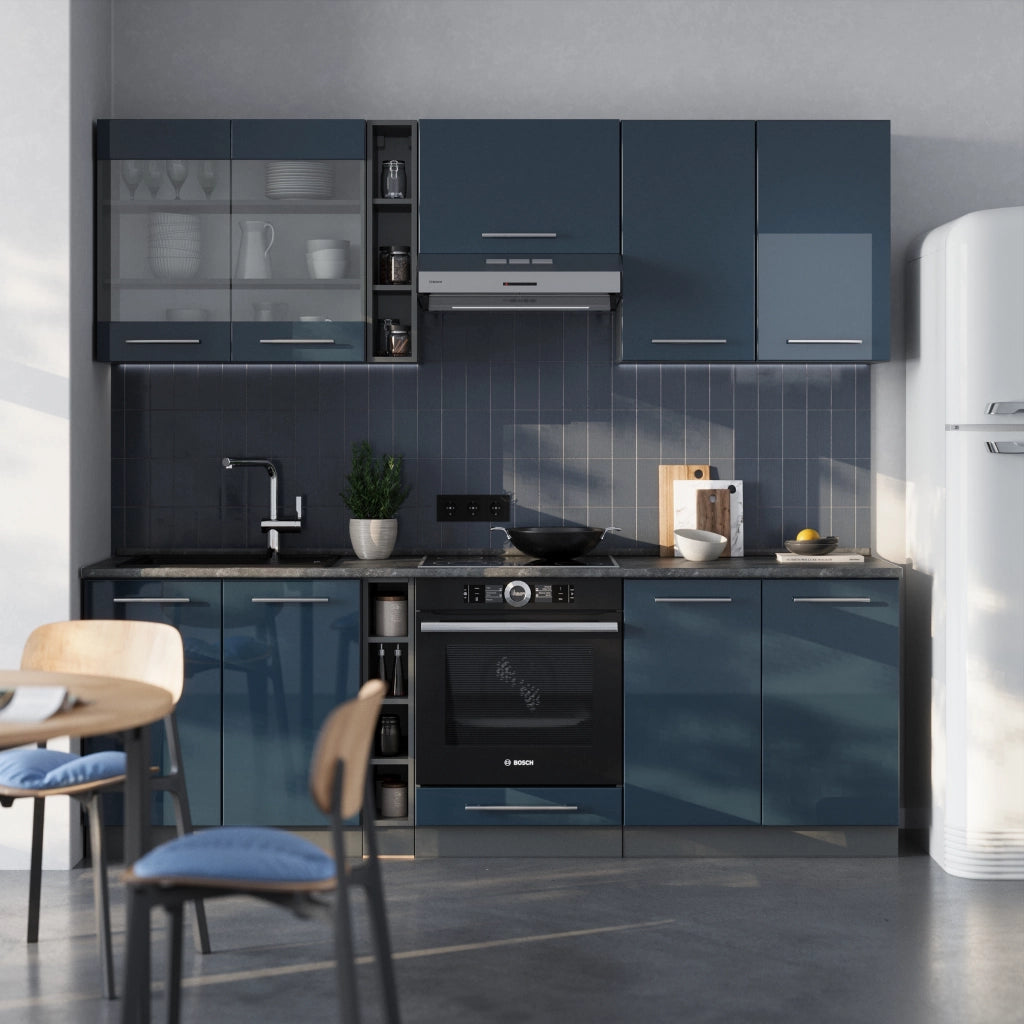 Cucina componibile Fame-Line Blu scuro lucido/Antracite 235 cm, PL Marmo Vicco