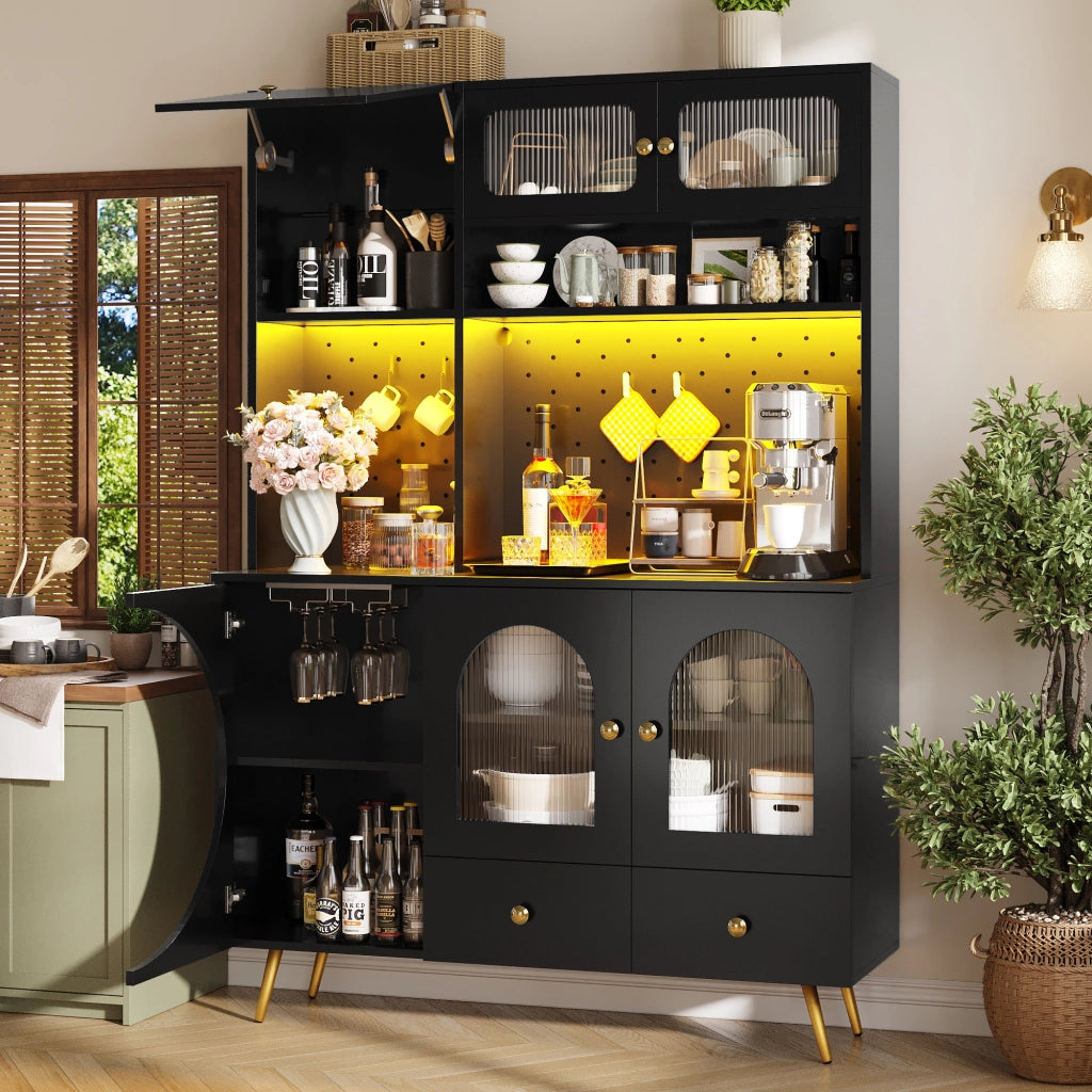 Credenza alta da cucina con 2 Ante; 1 Cassetto; LED; Prese USB; in MDF e Vetro; 120 x 40 x 176 cm; Nero