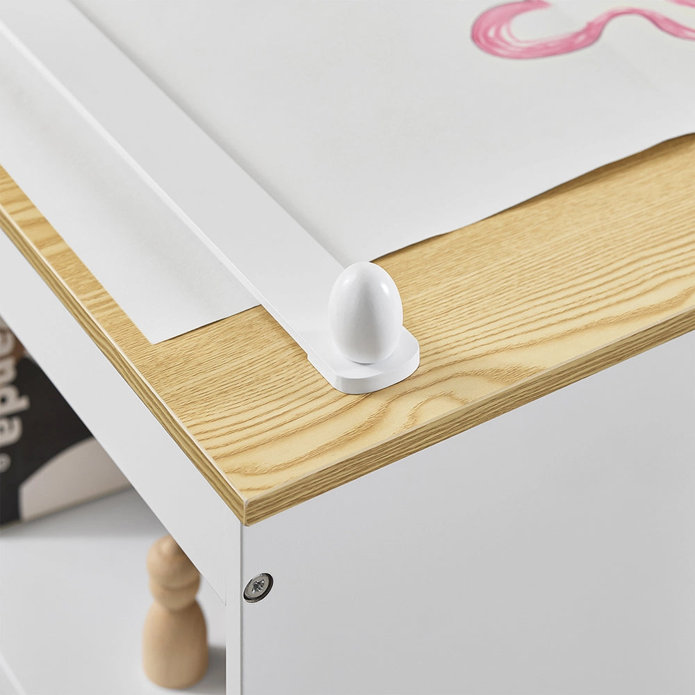 SoBuy Tavolino Bambini con 1 Sedia, Set Tavolo e Sedie per Bambini Multiattività con 2 Ripiani, Tavolo Disegno e Gioco, Sedia Scrivania Cameretta Bianco e Naturale 80x50x66cm KMB60-WN
