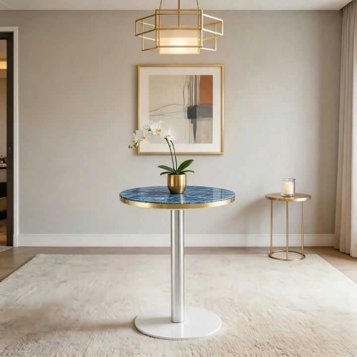 Tavolino basso rotondo con piano effetto marmo e bordo dorato, in MDF e metallo, per soggiorno, blu, 60 × 73,7 cm