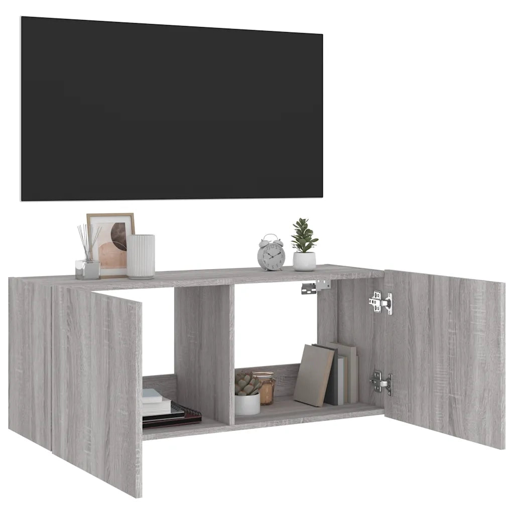 Mobile TV a Parete con Luci LED-Mobile TV a Muro Grigio Sonoma 100x35x41 cm