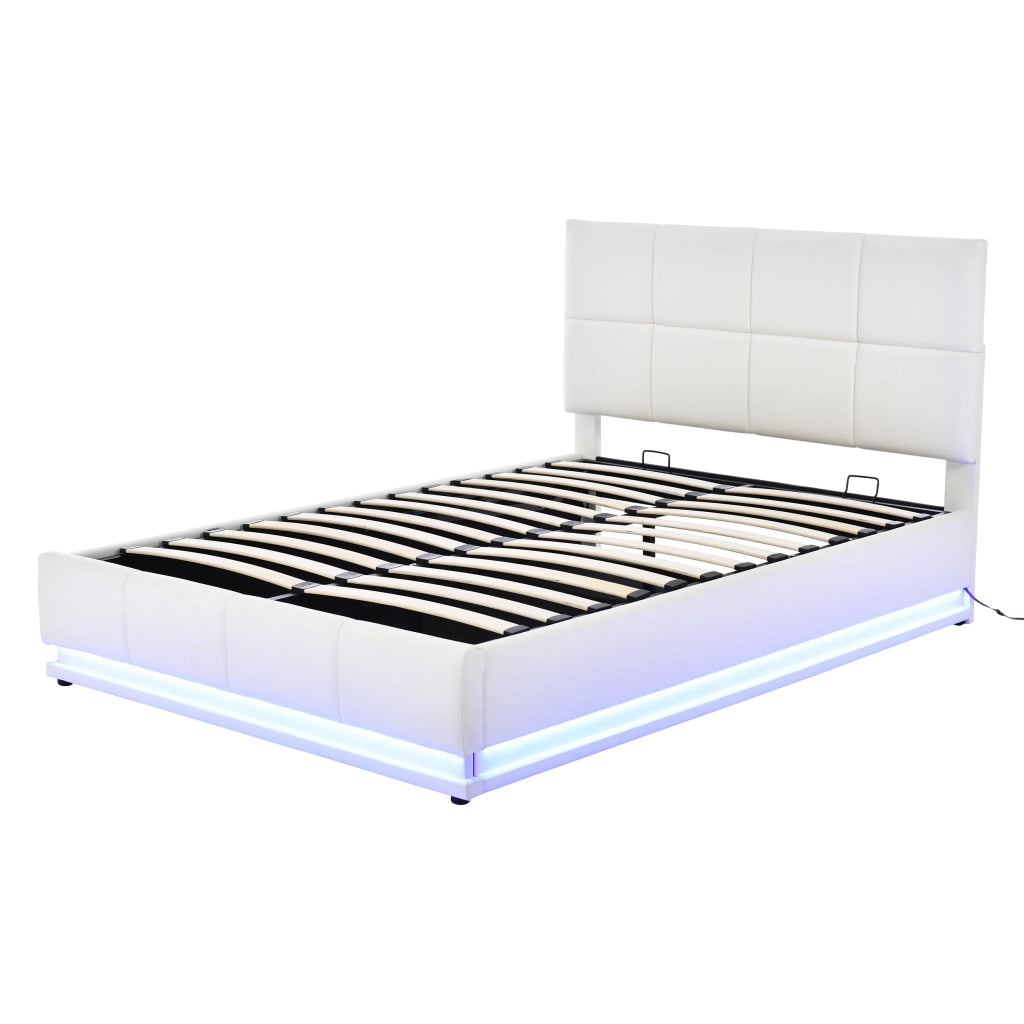 Letto Contenitore 140x200 cm; Letto Matrimoniale; con LED; in Ecopelle; Bianco