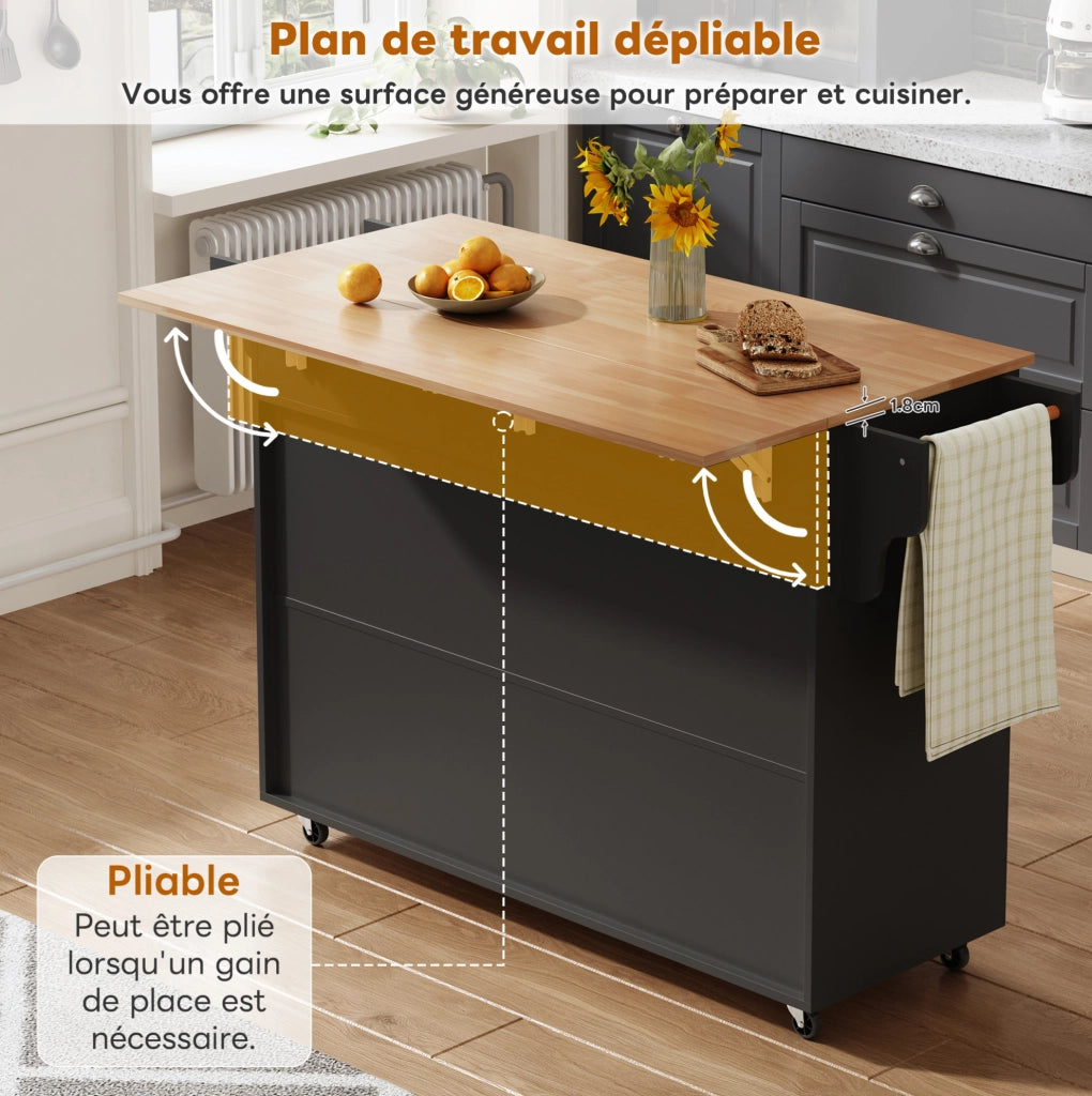 Isola da cucina mobile con piano pieghevole 145x70x94;5 cm in MDF nero con 5 ruote