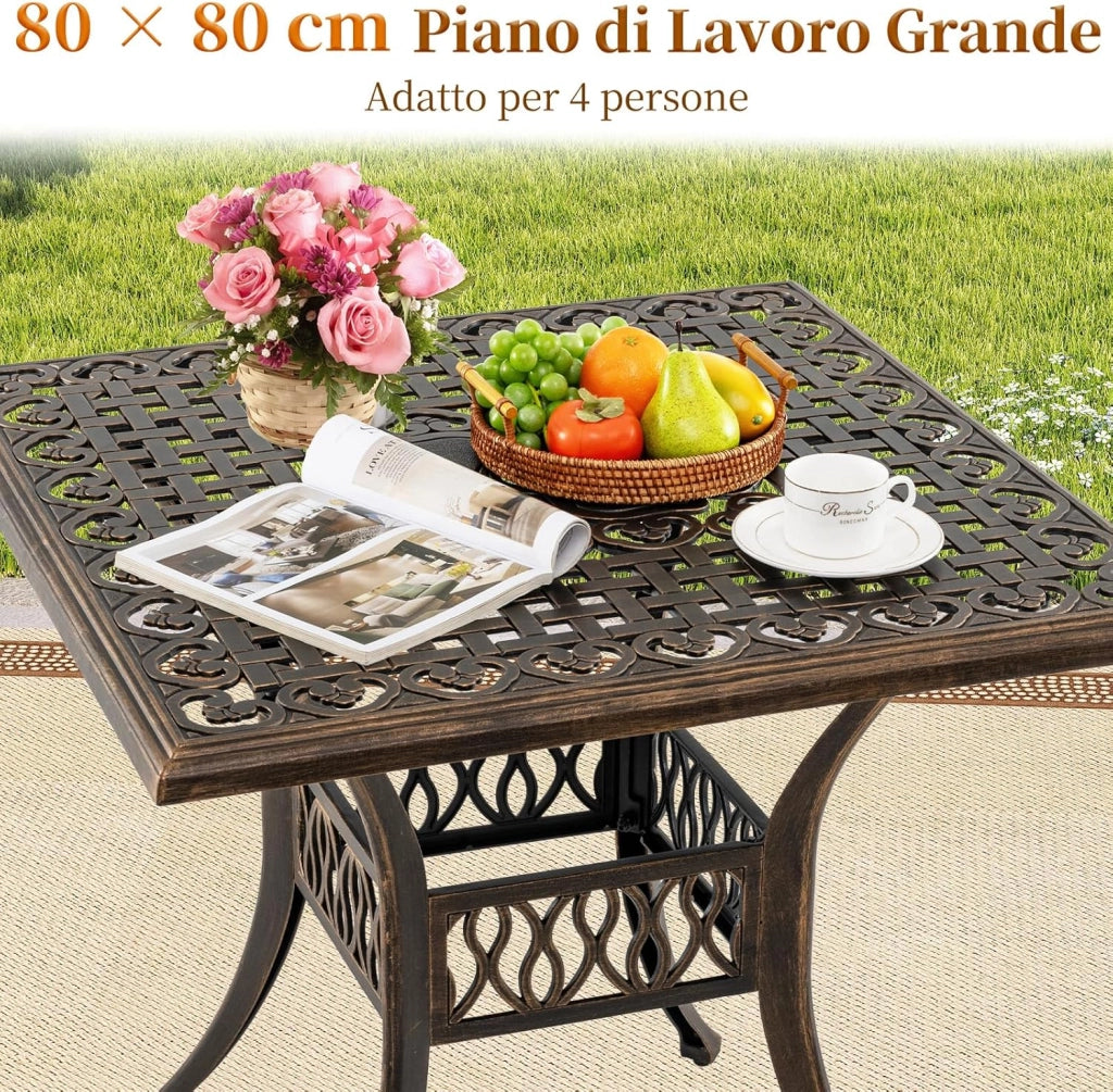 Tavolo da Giardino 80 cm, Tavolo Bistro Quadrato con Foro per Ombrellone da 4,8 cm, Tavolo da Esterno per 4 Persone, Tavolo da Pranzo per Giardino Piscina,Portata 75 kg