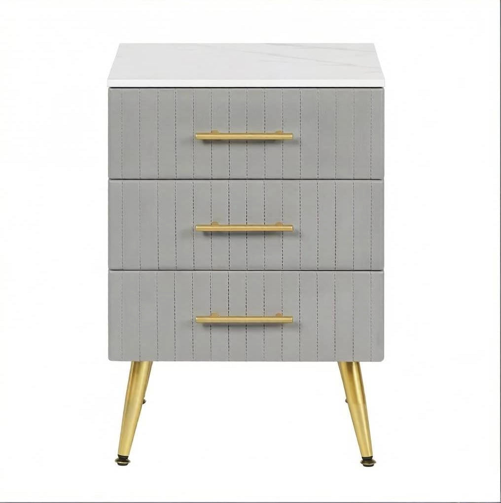 Comodino con 3 Cassetti Rivestito in Velluto con Gambe in Metallo Grigio