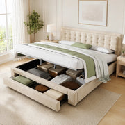Letto matrimoniale contenitore con cassetti; testiera regolabile; velluto; 160x200 cm; beige