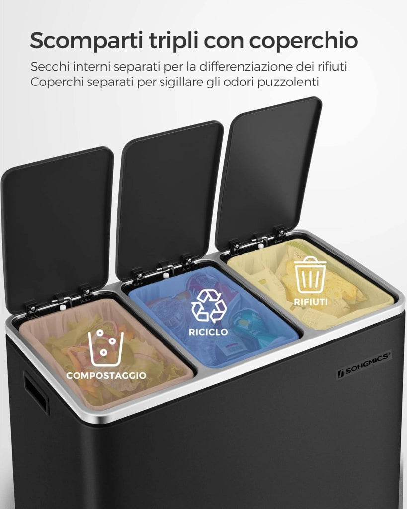 SONGMICS Cestino da Cucina, Pattumiera per Raccolta Differenziata 3 x 18L, 3 Scomparti per Riciclaggio, Coperchi a Chiusura Morbida, Pedali, Acciaio, Nero Inchiostro LTB54BK