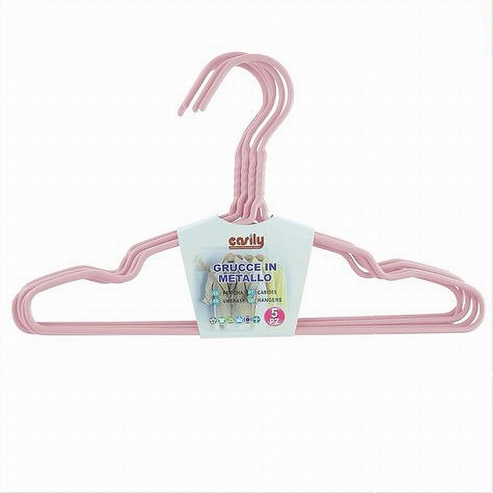 Trade Shop - Set 5 Pz Grucce Stampelle Appendiabito In Metallo Rosa Vestiti Pantaloni 87695 -