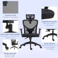 Sedia da Ufficio Ergonomica con Altezza Regolabile, Supporto Lombare e Poggiatesta, 66x61x106-116cm Nero