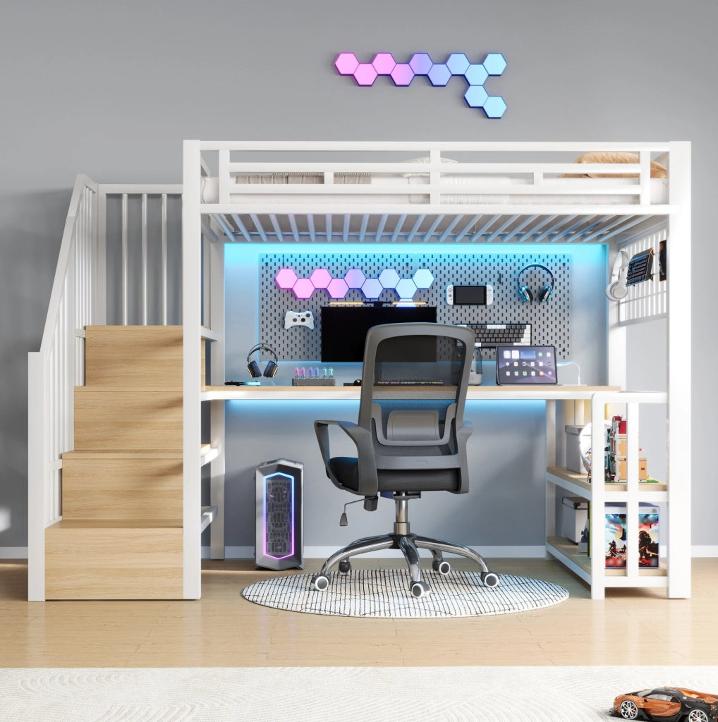 Letto a soppalco 90x200 cm con scrivania, LED e prese USB, bianco