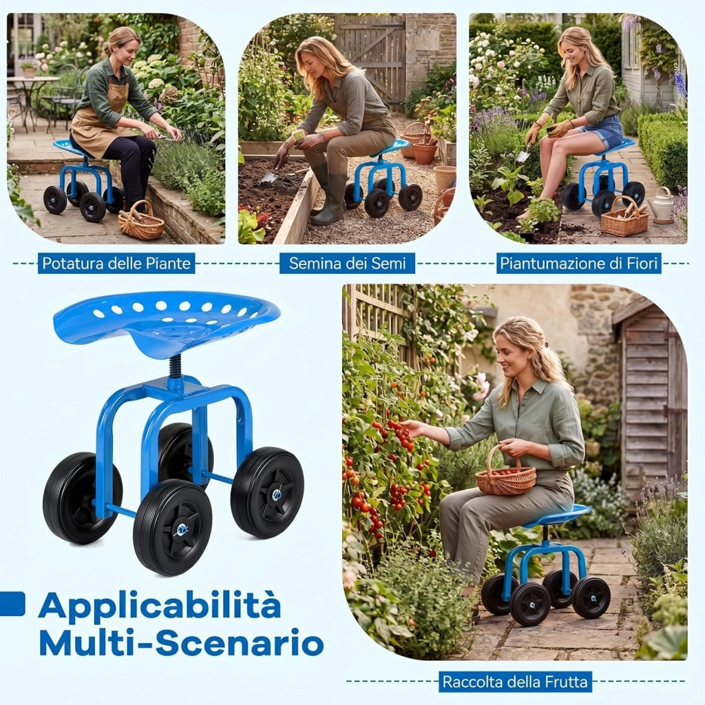 Sgabello con Ruote per Giardinaggio, Sedile con Ruote Regolabile in Altezza e Portatile, Seggiolino da Giardino, Prato e Cortile, Portata 150kg (Blu)