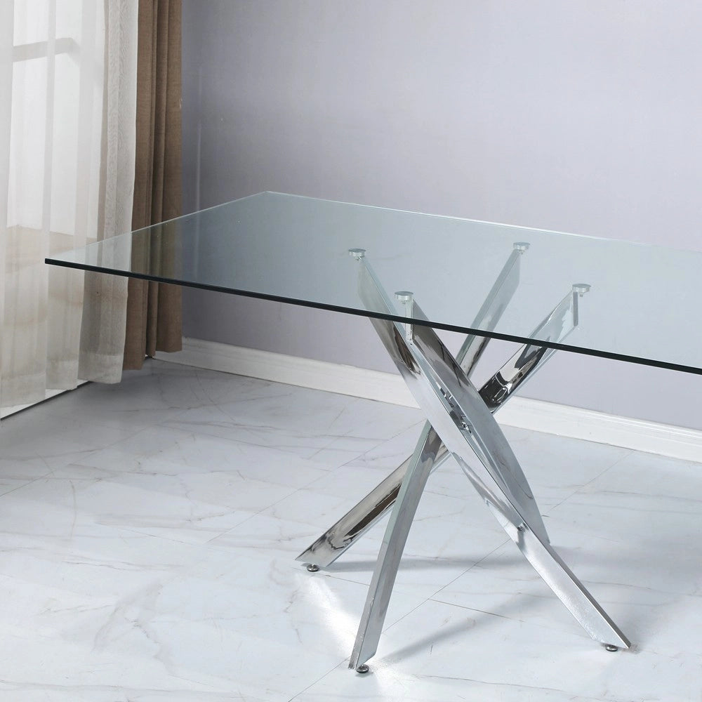 Tavolo da Pranzo Peyton 160×90 cm in Vetro Temperato con Gambe Incrociate Cromate