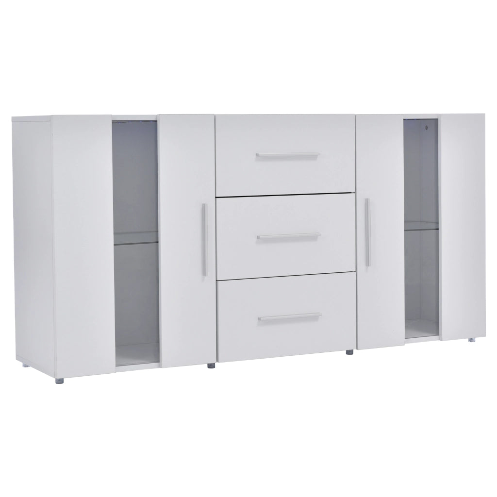 Mobile porta TV con LED e 3 cassetti, 2 vani con ripiani removibili, in MDF bianco, 140 × 35 × 70 cm